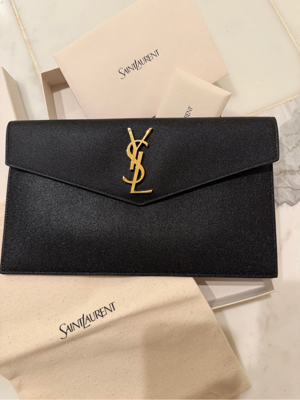 Saint Laurent Black Envelope Clutch with Gold YSL Emblem